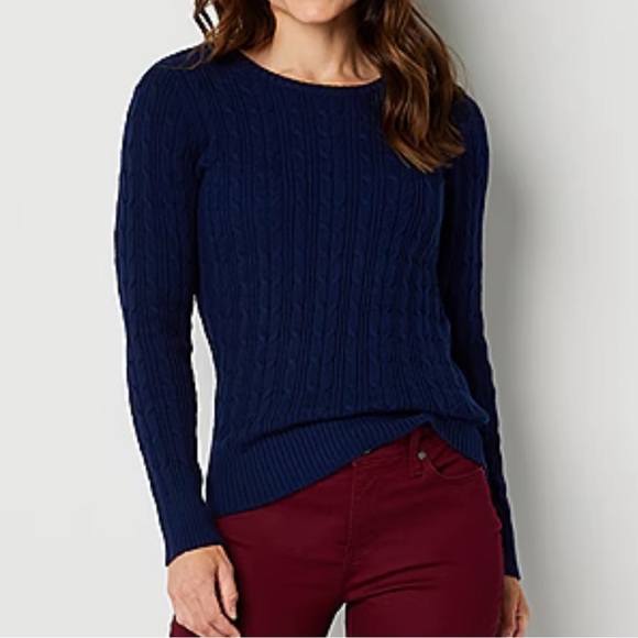 EUC Blue St. John's Bay Crew Neck Cable-Knit Pullover Sweater, M - Picture 1 of 13